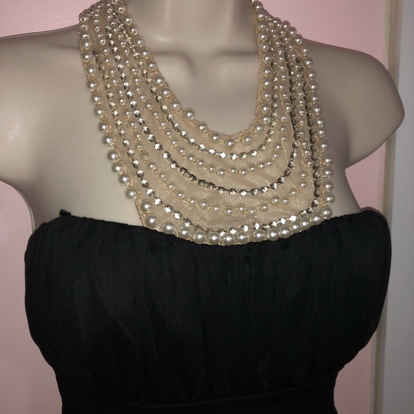 Pearl Jeweled Necklace Halter Mesh Gown - Picture 3 of 8
